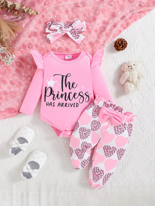 3pcs Baby Girl Outfit Set, "The Princess Has Arrived" Print Long Sleeve Romper with Ruffle Detail, Heart Pattern Print Pants, and Headband, Polyester Knit Fabric, Crew Neck, Regular Fit, for Spring/Fall - Perfect for Valentin