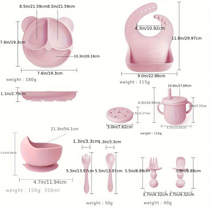 10-Piece BPA-Free Silicone Toddler Feeding Set - Pink Animal Print, Includes Suction Cup Dividers, Spoon, Fork, Straw Cup, Bib - Microwave & Oven Safe - For Baby Led Weaning - Perfect Gift for New Parents