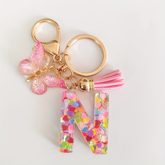 1pc Creative English Letter Pendant Keychain For Girls, Pink Sequin Drop Glue Butterfly Key Chain For Girls, Bag Car Key Ornament Christmas Gift