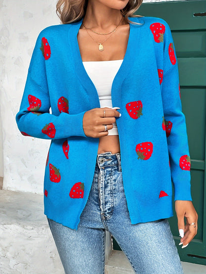 Strawberry Print Open Front Cardigan, Long Sleeve Elegant Cardigan for Spring & Fall, Women's Clothing