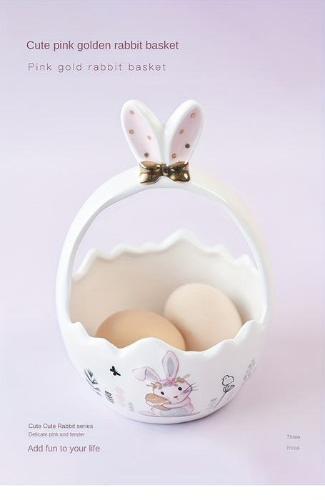 Cute Pastel Pink Ceramic Bunny Basket for Easter, Perfect for Holding Flowers Or Fruits As a Decorative Piece.