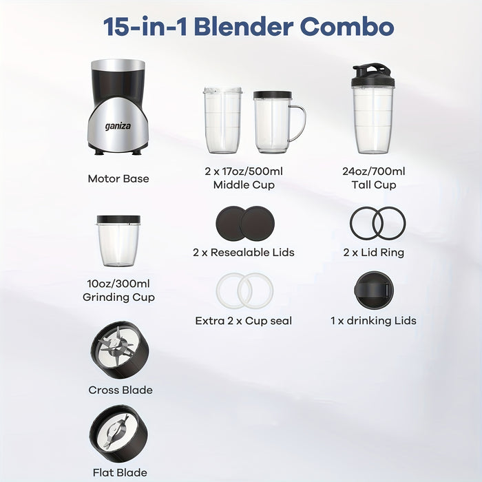 Ganiza Smoothie Juicers, Blender For Shakes And Smoothies, 15pcs Personal Blender And Grinder Combo For Kitchen, Smoothies Maker With 4 BPA-Free Portable Blender Cup, Nutritious Recipe, MAX 900W, Gifts For Family And Friends