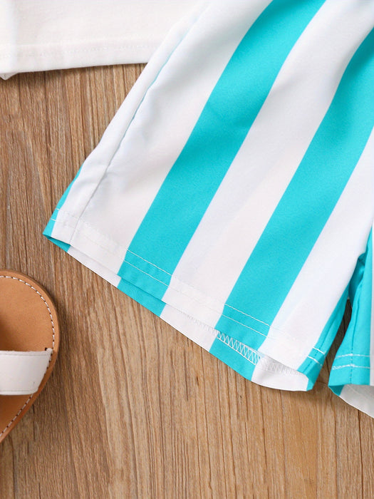 2pcs Toddler Girls Easter Cartoon Bunny Graphic T-Shirts Round Neck Short Sleeve Tees Top & Elastic Waist Belted Stripe Shorts Set Kids Summer Outdoor Clothes