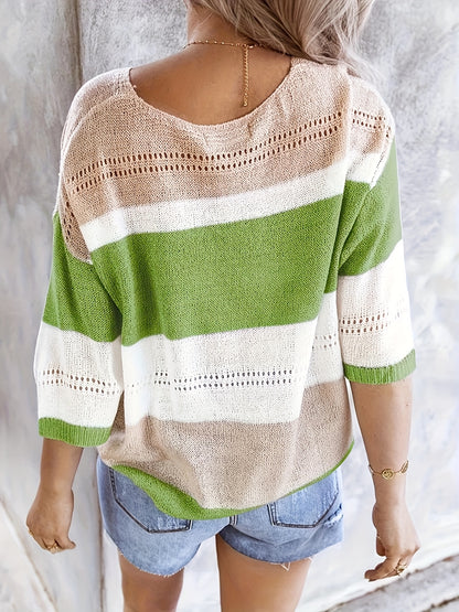 Women'S Casual Striped V-Neck Knit Top with Cut-Out Detail - Lightweight, Breathable, Perfect for Spring/Summer, Casual Attire|Striped Top|Vneck Top