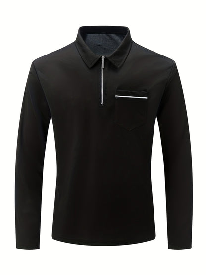 Men's Casual Long Sleeve Zipper Lapel Shirt with Chest Pocket, Spring/Fall Outdoor Wear