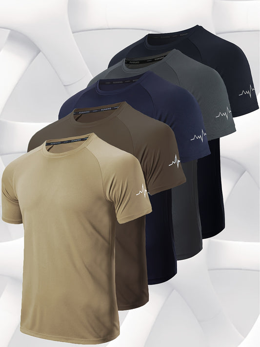 [5pcs Breathable Athletic T-Shirts] 5pcs Men's Athletic T-Shirts, 100% Polyester Crew Neck Short Sleeve Knit Fabric, Breathable Moisture Wicking Solid Color Sports Tees for Gym Workout & Casual Wear
