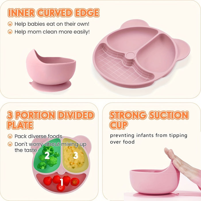 10-Piece BPA-Free Silicone Toddler Feeding Set - Pink Animal Print, Includes Suction Cup Dividers, Spoon, Fork, Straw Cup, Bib - Microwave & Oven Safe - For Baby Led Weaning - Perfect Gift for New Parents