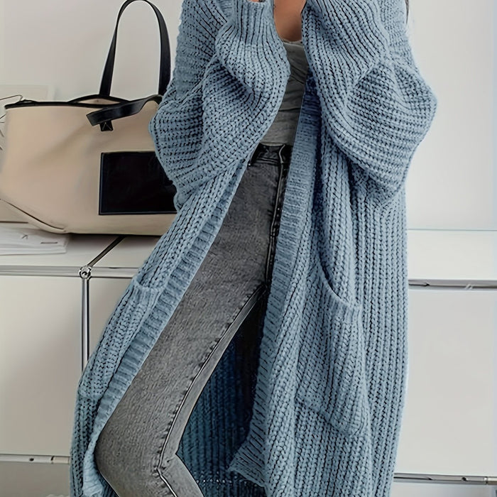 Women's Solid Color Open Front Knitted Cardigan, Long Sleeve, Spring/Fall Casual Wear