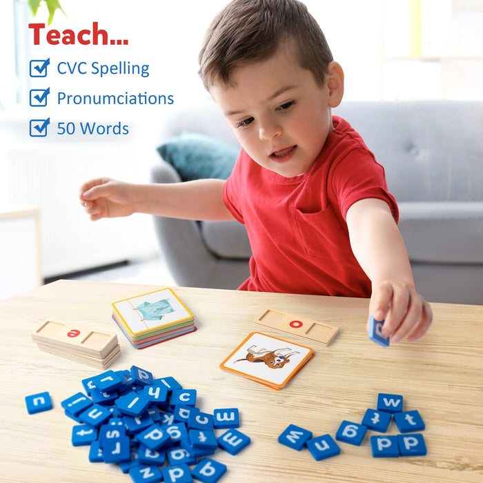 Coogam Wooden Short Vowel Reading Alphabet Sorting Spelling Game, Website CVC Word Learning Flashcards Alphabet Puzzle Youngsters's Educational Toy Gift 3-4-5 Years Old