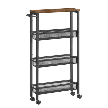 VASAGLE 4-Tier Steel Rolling Storage Cart with Hardwood Top, Rustic Brown & Black, Slim 5.1" Deep Organizer, with Wood-Based Panel & Metal Frame, for Kitchen, Dining, Living Room, Home Office