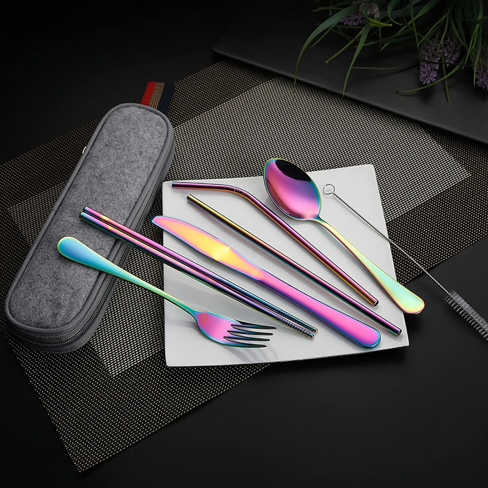 Portable Utensils, Travel Camping Cutlery Set, 8pcs including Knife Fork Spoon Chopsticks Cleaning Brush Straws Portable Case, Stainless Steel Flatware set
