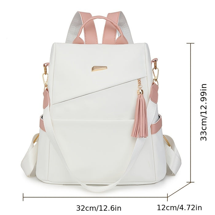[Travel Ready] Elegant Women's Anti-Theft Lightweight Backpack - Chic White with Pink Accents, Large Capacity, Adjustable Straps, Tassel Detail, PU Material, Perfect for Travel & Daily Use