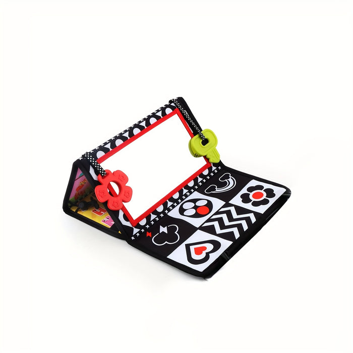 Baby Tummy Time Mirror - Early Learning Sensory Stimulation, Safe Materials, Car Seat Back Hanging Toy, Foldable Infant Black and White Cognitive Mirror - Gift