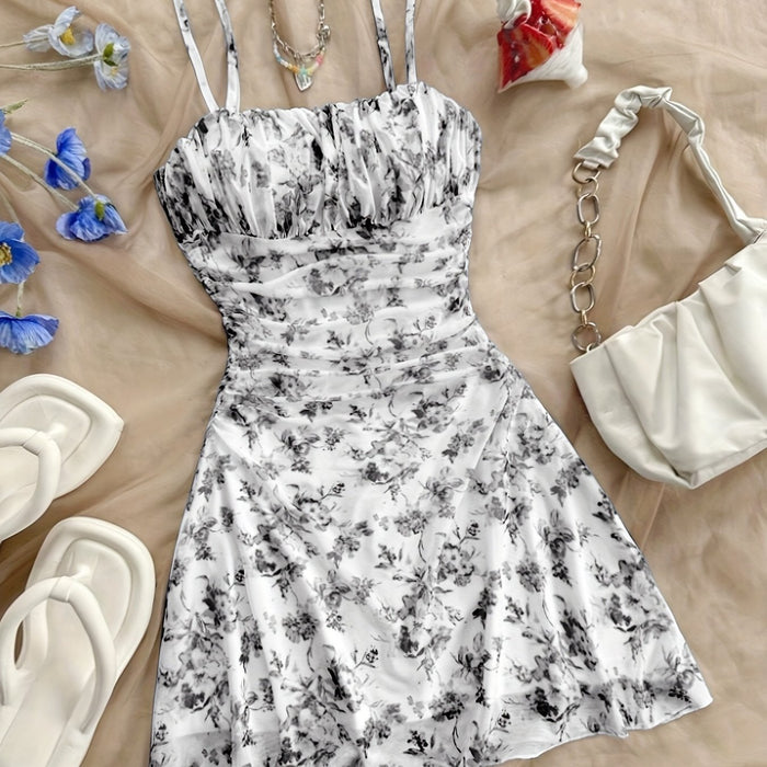 [New Floral Print Elegant Dress] Women's New Floral Print Halter Dress Fashionable Elegant Suitable for All Seasons