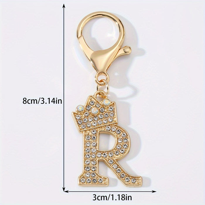 1pc Fashion Zinc Alloy Artificial Diamond Crown 26 English Letters Key Chain For Men, Bag Pendant To Friends