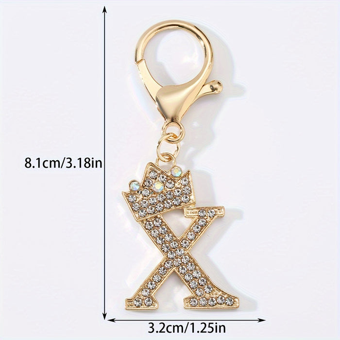 1pc Fashion Zinc Alloy Artificial Diamond Crown 26 English Letters Key Chain For Men, Bag Pendant To Friends