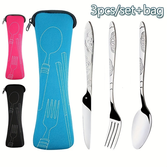 3pcs Set Dinnerware Portable Printed Knifes Fork Spoon Stainless Steel Family Camping Steak Cutlery Tableware with Bag