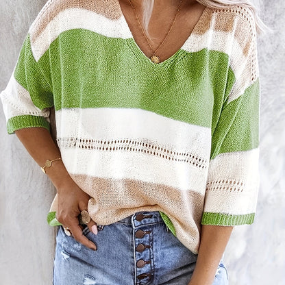 Women'S Casual Striped V-Neck Knit Top with Cut-Out Detail - Lightweight, Breathable, Perfect for Spring/Summer, Casual Attire|Striped Top|Vneck Top