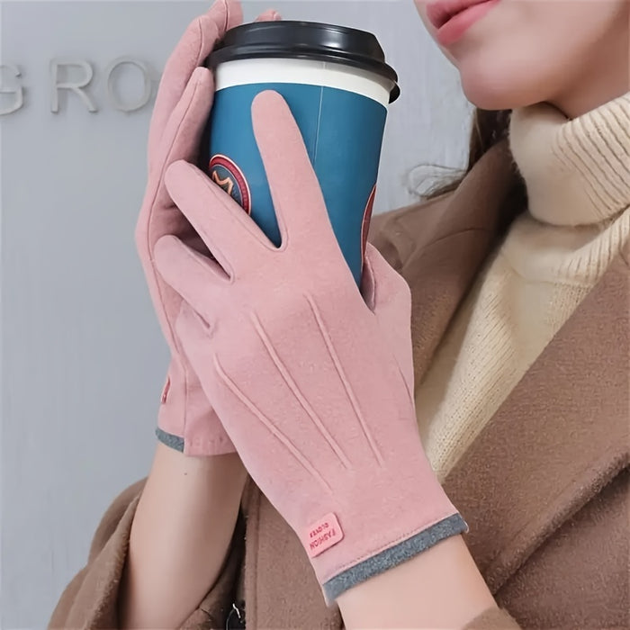 1 Pair of Thermal Fleece-Lined Polyester Gloves for Women, Touchscreen Compatible, Elastic Warm Outdoor Driving and Cycling Gloves