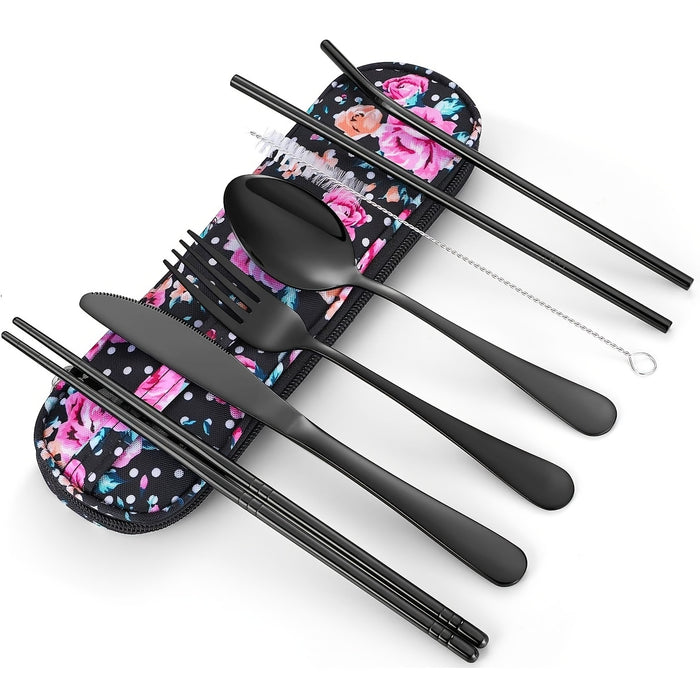 Stainless Steel Travel Utensils Set, Reusable To Go Flatware with Geometric Pattern, Polished Finish, Waterproof Carrying Case, Portable Cutlery for Lunch Box, Camping, School, Picnic