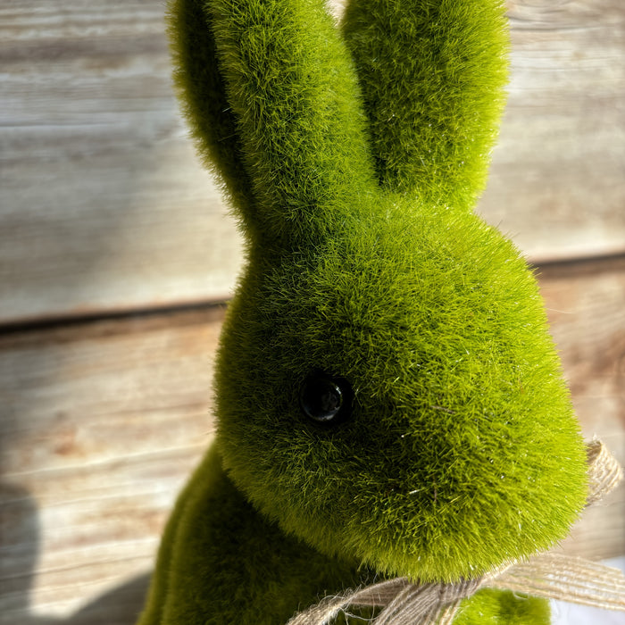 1pc Charming Green Flocked Bunny Statue, 6.6" - Easter & Spring Garden Decor, Outdoor Moss Rabbit with Ribbon Accent, Ideal for Holiday Celebrations & Home Yard Display