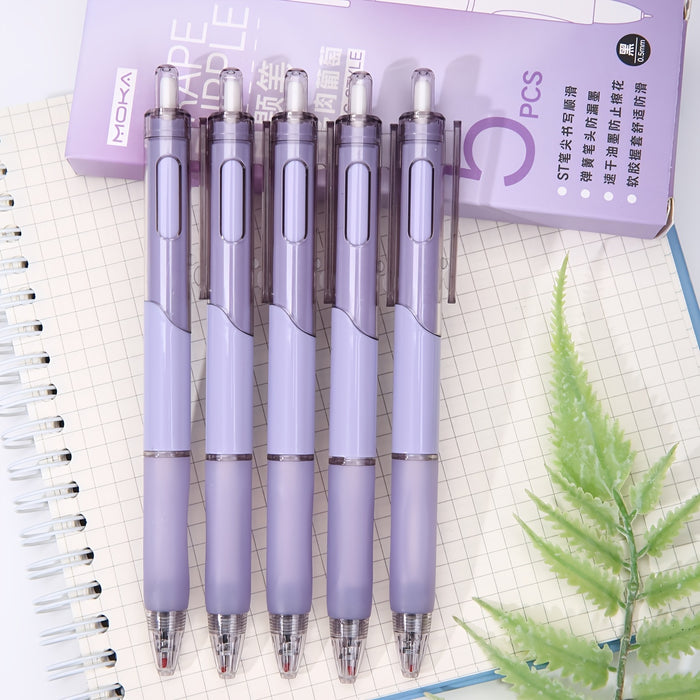 5pcs/box 5-Pack Purple Translucent Gel Pens with Retractable Black Ink, Hand Guard Design