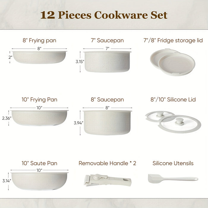 12 Pcs Nonstick Pots and Pans Set with Detachable Handle