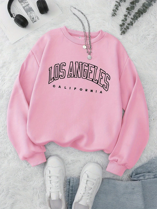 Los Angeles Print Preppy Crewneck Sweatshirt for Women, Long Sleeve Winter Fall Casual Cozy Sweatshirt