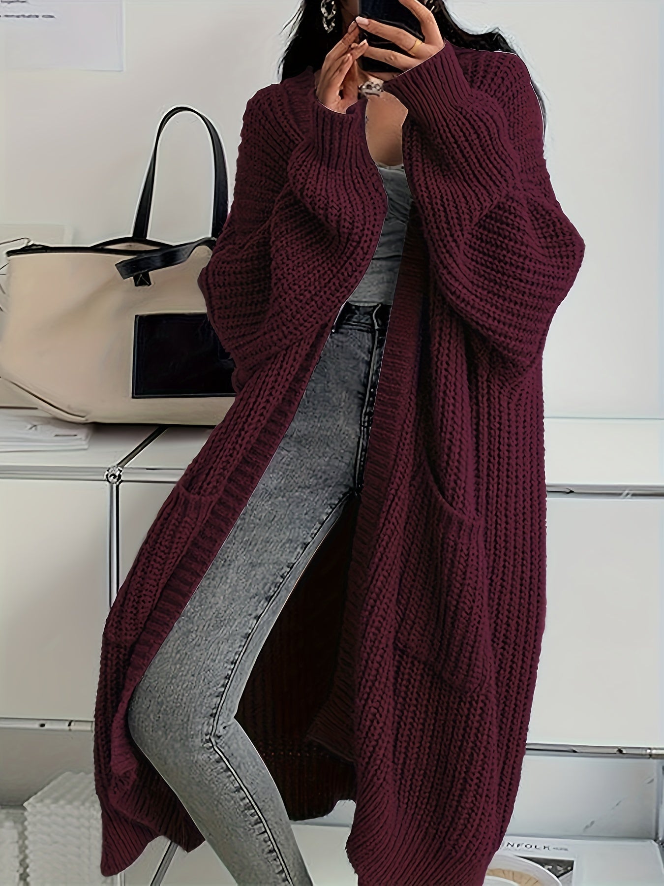 Women's Solid Color Open Front Knitted Cardigan, Long Sleeve, Spring/Fall Casual Wear