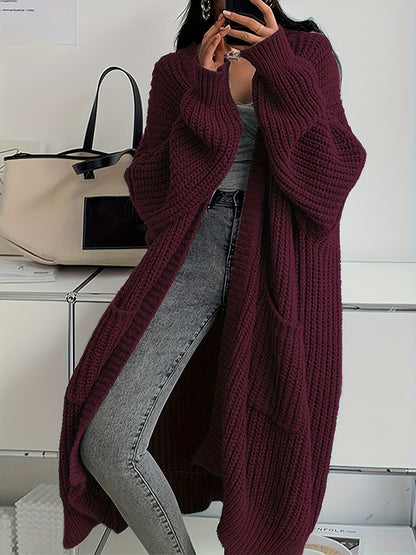 Women's Solid Color Open Front Knitted Cardigan, Long Sleeve, Spring/Fall Casual Wear