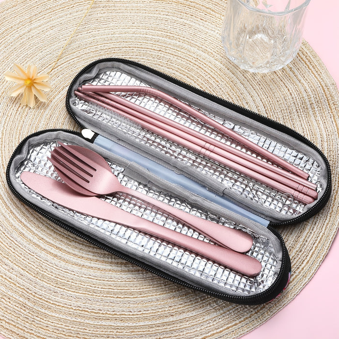 Stainless Steel Travel Utensils Set, Reusable To Go Flatware with Geometric Pattern, Polished Finish, Waterproof Carrying Case, Portable Cutlery for Lunch Box, Camping, School, Picnic