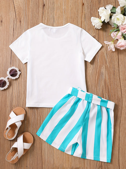 2pcs Toddler Girls Easter Cartoon Bunny Graphic T-Shirts Round Neck Short Sleeve Tees Top & Elastic Waist Belted Stripe Shorts Set Kids Summer Outdoor Clothes