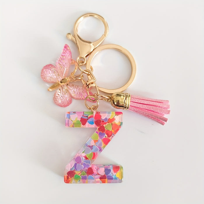 1pc Creative English Letter Pendant Keychain For Girls, Pink Sequin Drop Glue Butterfly Key Chain For Girls, Bag Car Key Ornament Christmas Gift