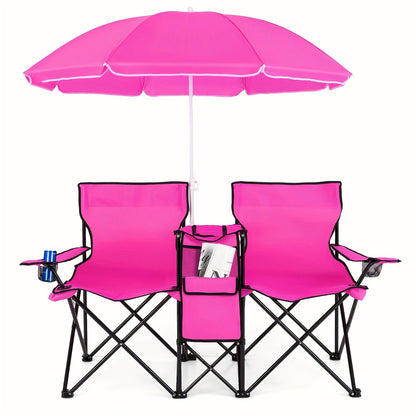Portable Folding Picnic Double Chair W/Umbrella Table Cooler Beach Camping