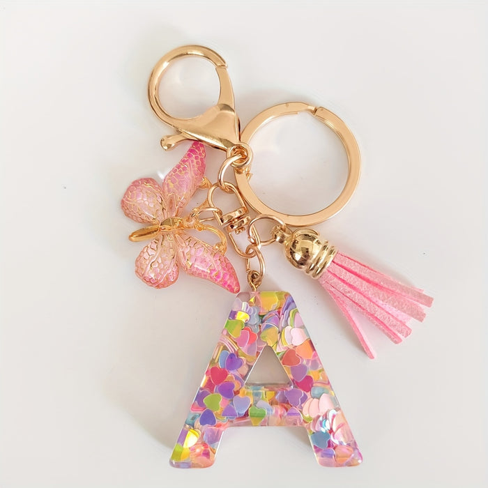 1pc Creative English Letter Pendant Keychain For Girls, Pink Sequin Drop Glue Butterfly Key Chain For Girls, Bag Car Key Ornament Christmas Gift