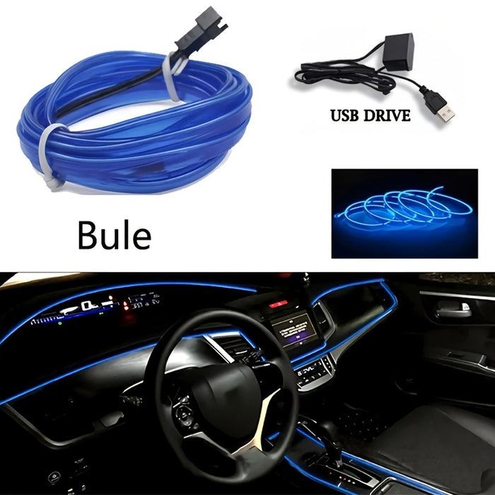 196.85inch blue LED Car Interior Lighting Strip Auto LED Strip Garland EL Wire Rope Car Decoration Lamp Flexible Tube Neon Car Accessories, Without Battery