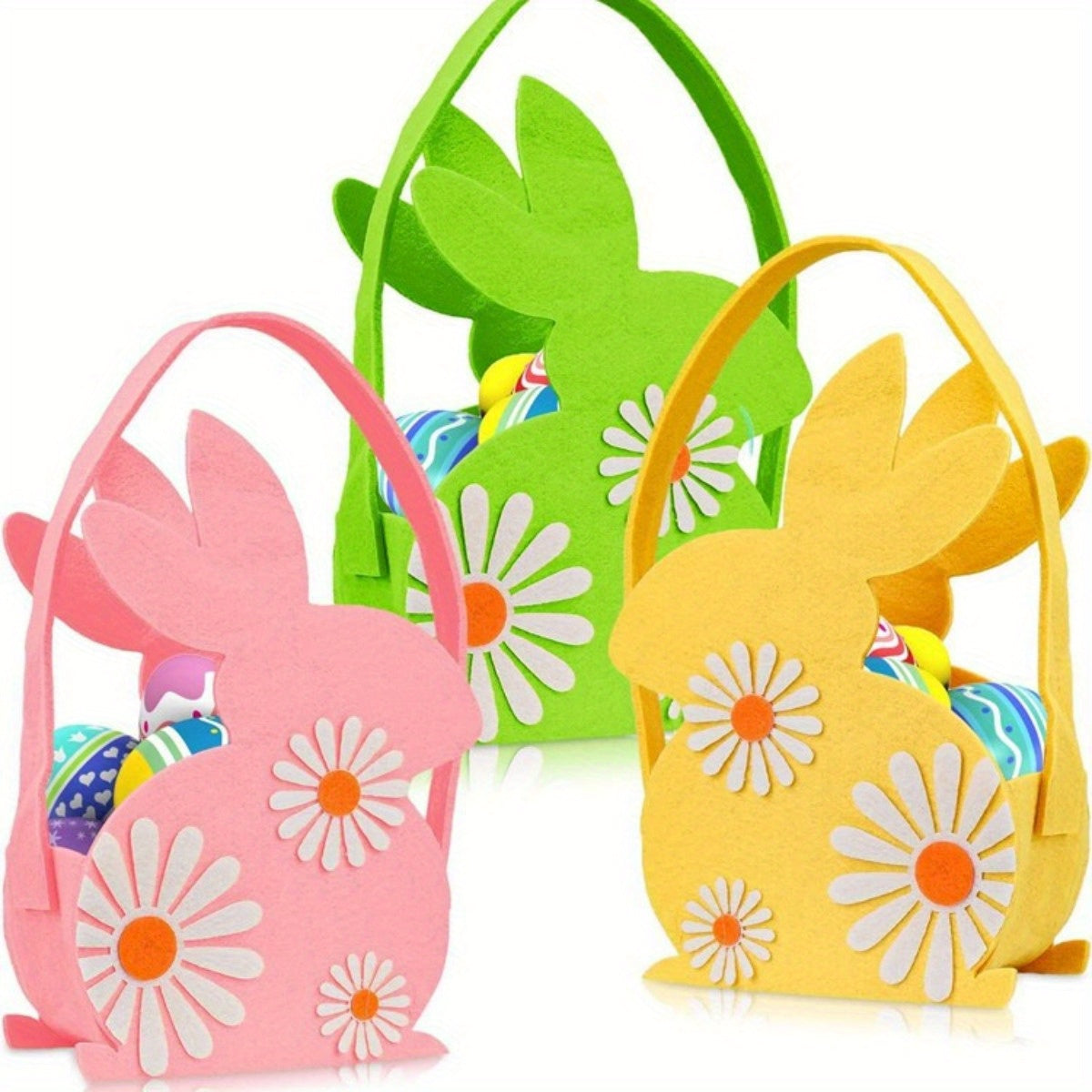 3pcs Felt Easter Bunny Baskets with Handles - Perfect for Easter Egg Hunts & Gifts, No Batteries Required