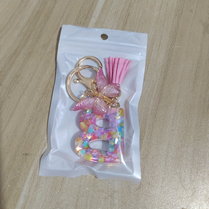1pc Creative English Letter Pendant Keychain For Girls, Pink Sequin Drop Glue Butterfly Key Chain For Girls, Bag Car Key Ornament Christmas Gift