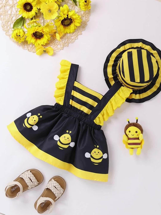 [Ladybug Summer Dress Set] 2pcs Little Bee Ladybug Summer Dress - Striped Full-Print Exposed Back Spliced for Lotus Lace Adjustable Suspender + Sun Hat Set