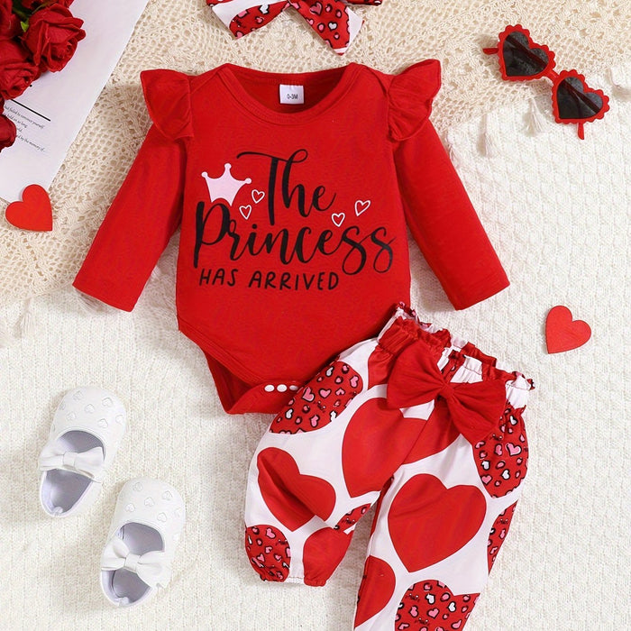 3pcs Baby Girl Outfit Set, "The Princess Has Arrived" Print Long Sleeve Romper with Ruffle Detail, Heart Pattern Print Pants, and Headband, Polyester Knit Fabric, Crew Neck, Regular Fit, for Spring/Fall - Perfect for Valentin