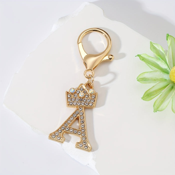 1pc Fashion Zinc Alloy Artificial Diamond Crown 26 English Letters Key Chain For Men, Bag Pendant To Friends