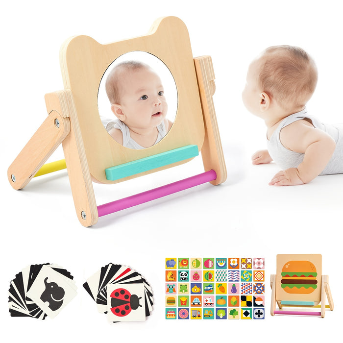 [Creative Shelf for Early Learning] Creative Wooden Mirror Display Shelf, With Cards, Educational Early Education Cognitive Learning Board, As Halloween, Christmas Gifts