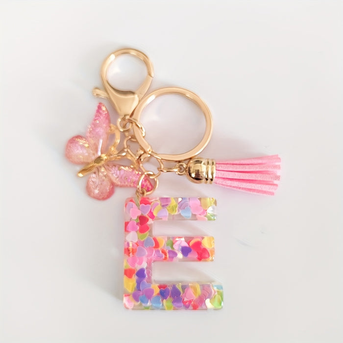 1pc Creative English Letter Pendant Keychain For Girls, Pink Sequin Drop Glue Butterfly Key Chain For Girls, Bag Car Key Ornament Christmas Gift