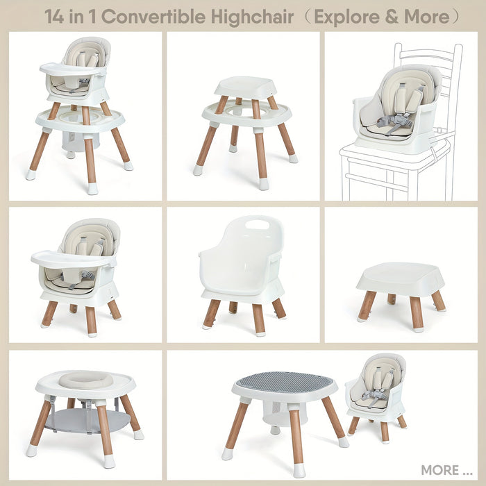 14-In-1 Baby High Chair Baby Seat, Convertible Multifunctional Infant And Toddler High Chair With Activity Center And Tray (Wood Grain) As Halloween, Christmas Gift