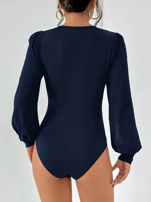 [Elegant Bodysuit] Elegant Long Sleeve Solid Crew Neck Bodysuit, Women's Clothing For Spring & Fall