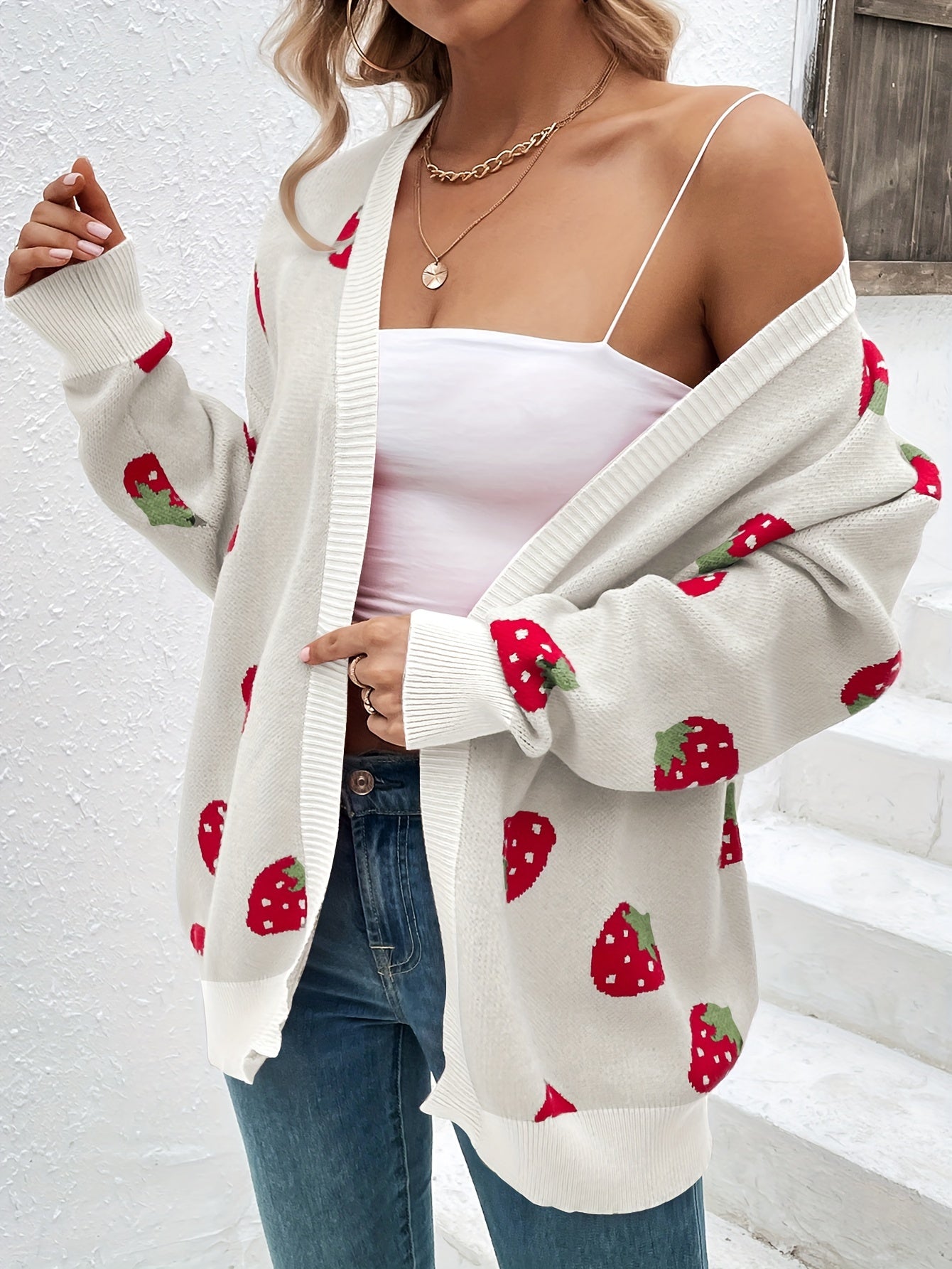 Strawberry Print Open Front Cardigan, Long Sleeve Elegant Cardigan for Spring & Fall, Women's Clothing
