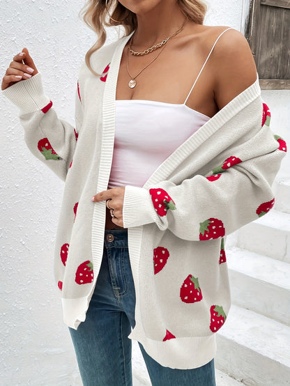 Strawberry Print Open Front Cardigan, Long Sleeve Elegant Cardigan for Spring & Fall, Women's Clothing