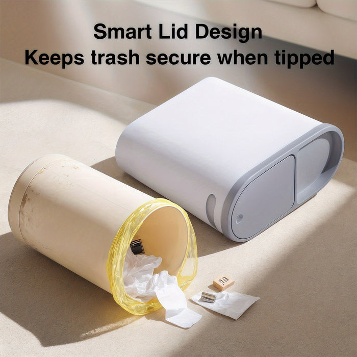 Smart trash can with a white lid and beige body, showing a smart lid design feature.