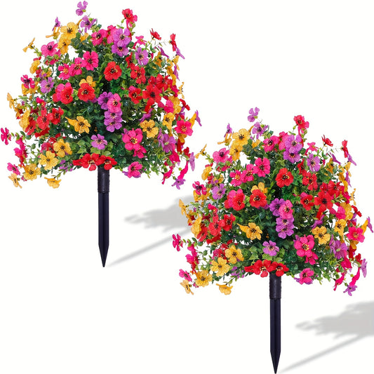 2pcs/1set Artificial Straight-Insert Plant Flowers with Ground Nails, Artificial Simulation Silk Daisy Eucalyptus Flowers for Outdoor Spring and Summer Decoration, UV Resistant, Used in Porch Home Indoor Patio Balcony Yard De