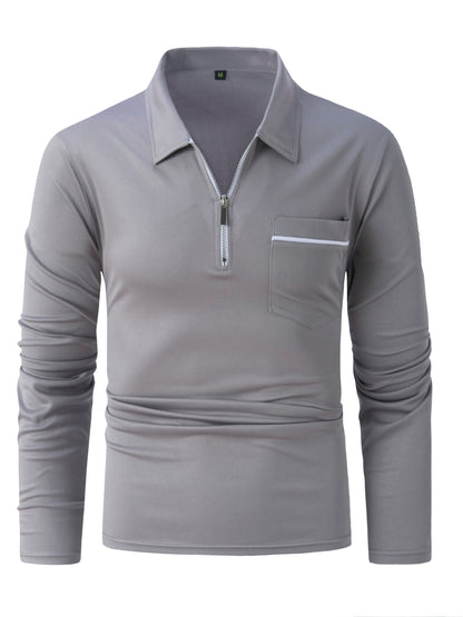 Men's Casual Long Sleeve Zipper Lapel Shirt with Chest Pocket, Spring/Fall Outdoor Wear